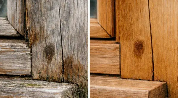Legno effetto invecchiato bianco: prima e dopo il restauro. Il legno usurato dal tempo viene riportato al suo splendore naturale.