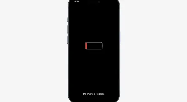 Wyłączony iPhone z ikoną niskiego poziomu baterii i napisem "iPhone Is Findable". Dowiedz się, jak znaleźć iPhone jak jest wyłączony.