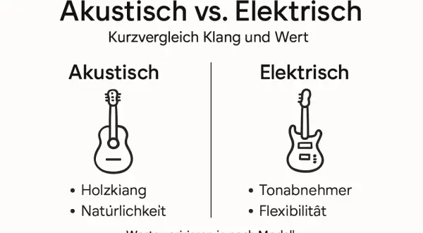 Vergleich von Akustik- und E-Gitarren. Was ist eine Gitarre? Akustische Gitarren bieten Holzklang, elektrische Gitarren Tonabnehmer.
