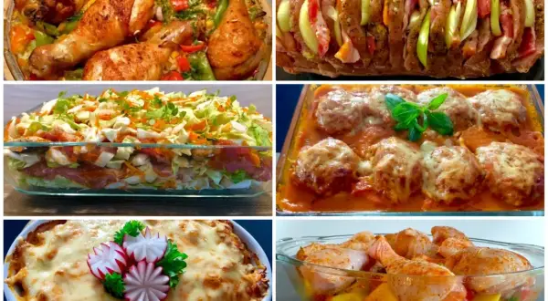 Sześć potraw, które stworzą efektowna kolacja dla znajomych: pieczone kurczaki, zapiekanka warstwowa, pieczeń z warzywami, klopsiki w sosie, zapiekanka z serem i kurczak z warzywami.