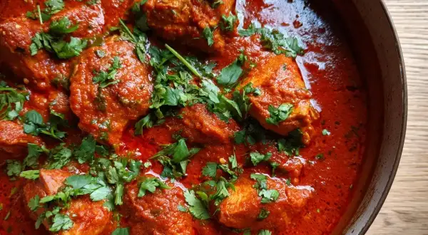 En gryta med saftig tandoori kyckling i en krämig, röd sås, toppad med färsk koriander. Perfekt för ett gott tandoori kyckling recept.