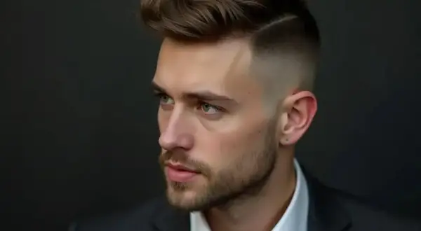 Hombre con moderno peinado, corte degradado y tupé. Un estilo que define los peinados hombre actuales.