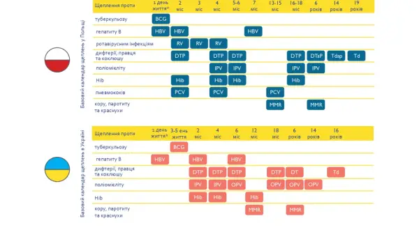 Kalendarz szczepień w Polsce i na Ukrainie. Szczepienie na 18 lat jest zaznaczone w obu krajach.