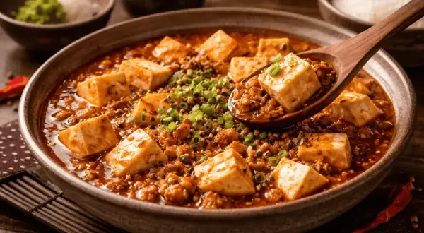 En sked lyfter upp en bit mapo tofu ur en skål med kryddig gryta, toppad med salladslök.