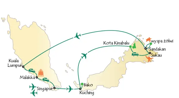Mapa podróży po Borneo, największej wyspie Azji, z zaznaczonymi miastami: Kuala Lumpur, Malakka, Singapur, Bako, Kuching, Kota Kinabalu, Sandakan, Sukau i Wyspa Żółwi.