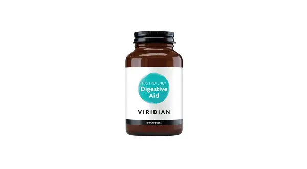 Butelka z brązowego szkła z kapsułkami. Na etykiecie napis "Digestive Aid", sugerujący naturalne enzymy trawienne wspomagające trawienie.
