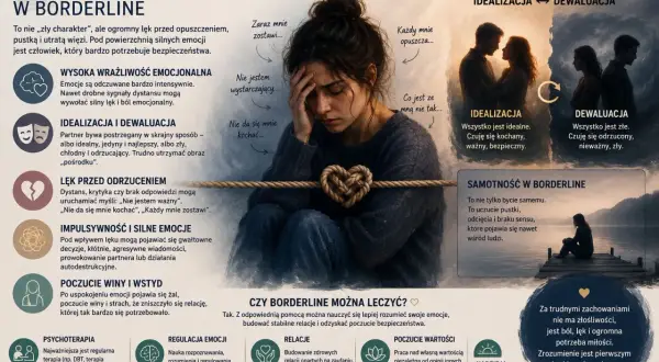Kobieta z sercem z liny, symbolizująca lęk przed odrzuceniem w borderline. Obraz opisuje trudności w relacjach, idealizację i dewaluację partnera, impulsywność i samotność.