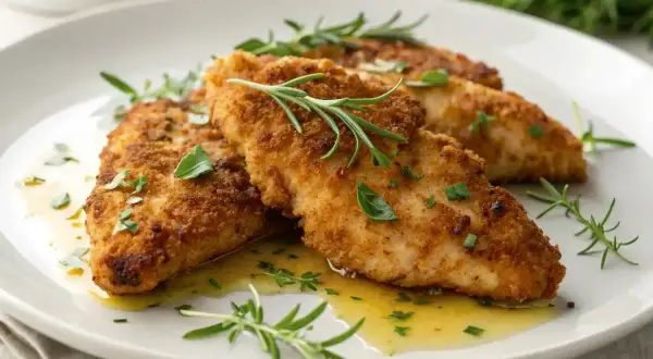 Trois aiguillettes de poulet au four, dorées et croustillantes, nappées d'une sauce légère et garnies de romarin frais. Un délice simple et savoureux.