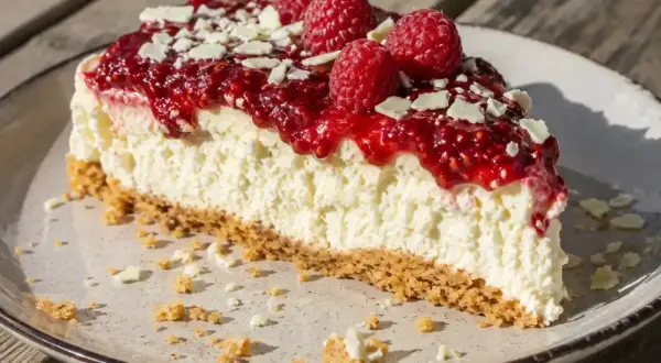 En bit krämig oreo cheesecake med hallonspegel och vita chokladspån.