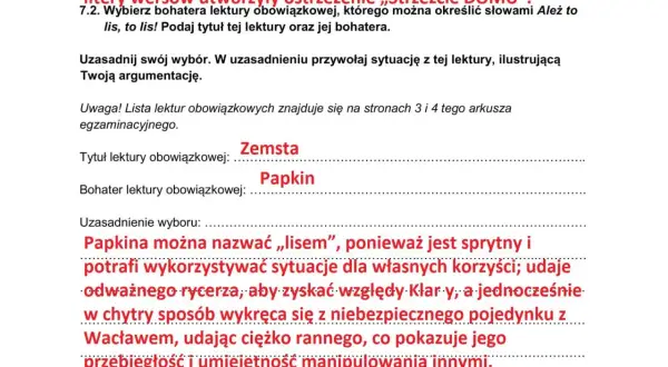 Fragment tekstu z polskiego egzaminu ósmoklasisty, zawierający pytania i odpowiedzi dotyczące lektur.