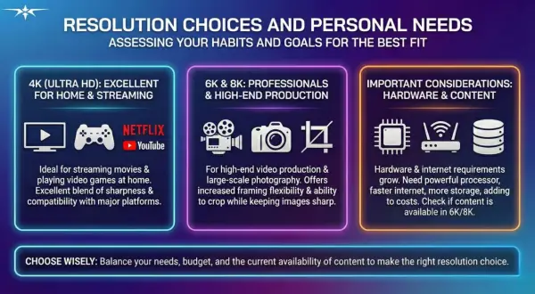 Choosing the right tv resolution: 4K for home streaming & gaming, 6K/8K for professionals. Consider hardware & content availability.