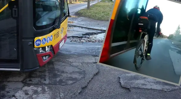 Łódź - Poddębice trasa: rowerzysta jedzie obok autobusu, a droga jest w fatalnym stanie.