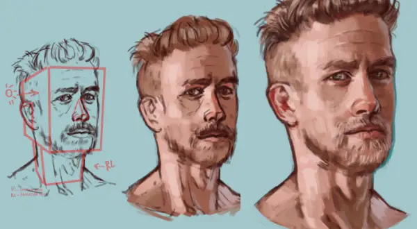 Portret podobizna mężczyzny w trzech ujęciach, od szkicu z zaznaczonym światłem po dopracowane detale twarzy.