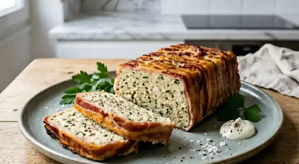 Une délicieuse terrine de poisson, enveloppée de lard croustillant, est servie sur une assiette avec des herbes fraîches et une touche de sauce.