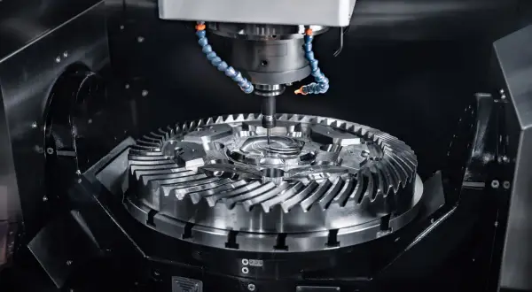 Precyzyjna obróbka metalu na maszynie CNC. Wiertło precyzyjnie kształtuje skomplikowany element, pokazując, co to jest CNC.