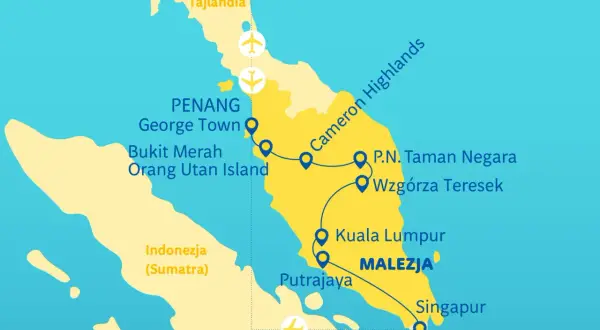 Mapa pokazuje, gdzie leży Malezja, z zaznaczonymi miastami jak Kuala Lumpur, Penang, oraz sąsiednimi Tajlandią i Indonezją.