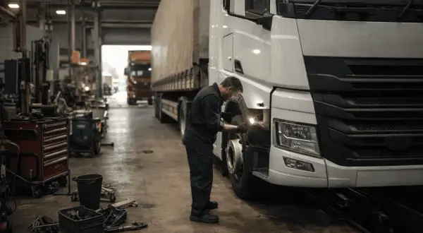 Un mécanicien inspecte un camion poids lourd blanc dans un atelier. Il utilise une lampe torche pour examiner le pneu, assurant ainsi le bon fonctionnement du meilleur camion poids lourd.