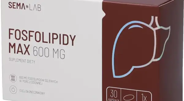 Opakowanie suplementu diety "Fosfolipidy MAX 600 mg" od SEMA LAB. Zawiera 600 mg fosfolipidów sojowych w porcji dziennej.