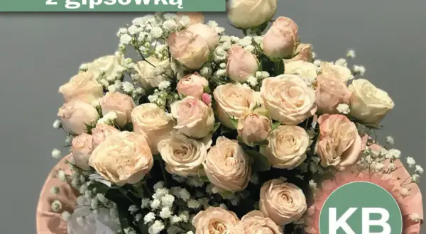 Delikatny bukiet róż w odcieniach kremu i brzoskwini, ozdobiony gipsówką. Idealne kwiaty na ślub w prezencie, symbolizujące miłość i czystość.