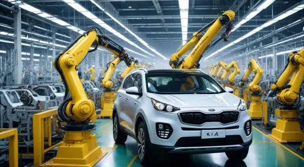 En vit Kia Sportage på ett modernt bilfabriksgolv, omgiven av gula robotarmar. Här byggs bilar, men var kommer Kia ifrån?