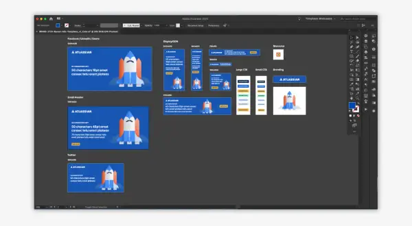 Illustrator workspace showing various banner ad templates with rocket illustrations, demonstrating how to create a font in Illustrator for ad copy.