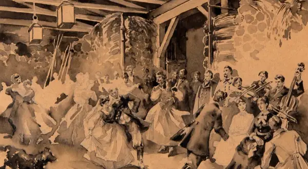 Bal w dworku, tańczący ludzie, muzyka na żywo. Scena jak z epoki "Gloria victis", pełna życia i radości.
