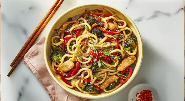 Pyszny makaron udon z kurczakiem, brokułami i papryką w sosie. Danie posypane sezamem i szczypiorkiem. Idealne na obiad, a jego makaron udon kcal jest zbilansowany.