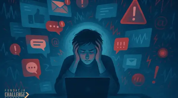 Chłopiec z rękami na uszach przy laptopie, otoczony powiadomieniami i symbolami ostrzeżeń. Obraz symbolizuje nadwrażliwość emocjonalną w świecie cyfrowym.