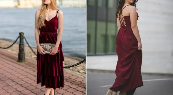 Dwie kobiety w bordowych sukienkach. Jedna w welurowej, midi, z czarnymi szpilkami. Druga w długiej, z gorsetowym tyłem, w beżowych sandałkach. Jakie buty do bordowej sukienki?