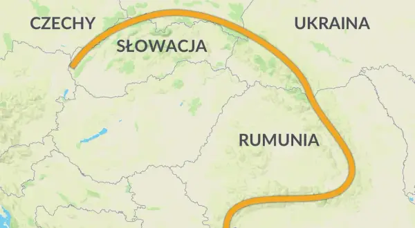 Mapa Europy Środkowej z zaznaczonym łukiem Karpat, biegnącym przez Czechy, Słowację, Polskę, Ukrainę i Rumunię.
