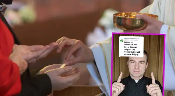 Ksiądz odpowiada na pytanie: czy rozwodnicy mogą przyjmować komunię świętą? Komunia udzielana jest w kościele.