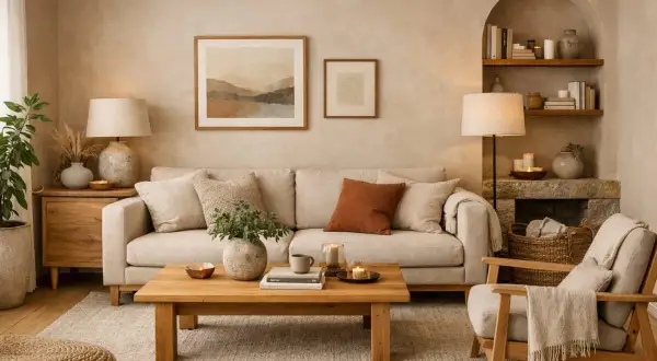 Salotto accogliente con divano beige, tavolino in legno e quadri alle pareti. L'ambiente è pervaso da **colori caldi** e texture naturali, creando un'atmosfera rilassante.