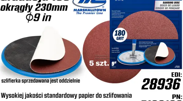 Papier ścierny Marshalltown 180 Grit, 230mm, idealny do szlifowania tynku gipsowego. Opakowanie 5 szt.