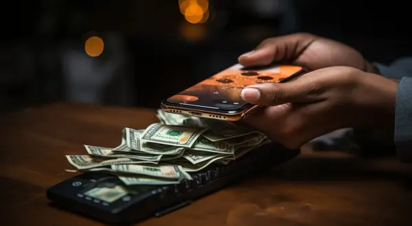 Dłonie trzymają smartfon nad stosem banknotów leżących na terminalu płatniczym. To przykład, jak działa autoryzacja co to jest w płatnościach zbliżeniowych.