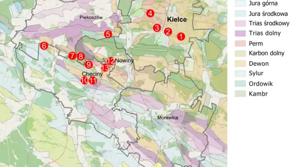 Mapa Gór Świętokrzyskich z zaznaczonymi punktami i legendą wieku skał.