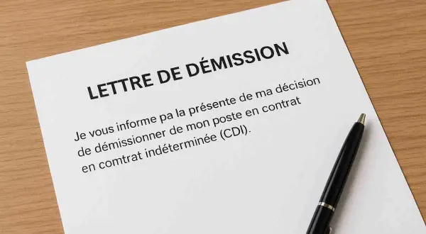 Une lettre de démission CDI avec préavis est posée sur un bureau en bois, avec un stylo noir à côté.
