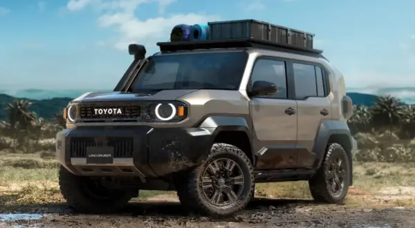 Nowy Toyota FJ Land Cruiser gotowy na przygodę, z bagażnikiem dachowym i terenowym zawieszeniem.