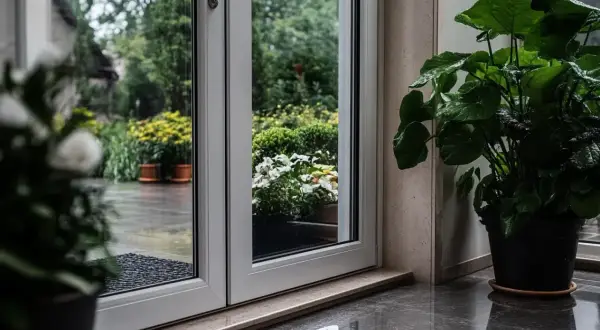 Przez nieszczelne drzwi wejściowe widać deszczowy ogród z kwitnącymi kwiatami i zielenią. Wewnątrz stoi duża roślina doniczkowa.