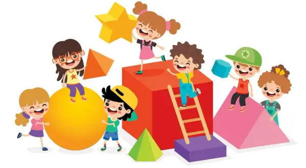 Niños jugando con divertidos dibujos de figuras geométricas: esferas, cubos, pirámides y estrellas.