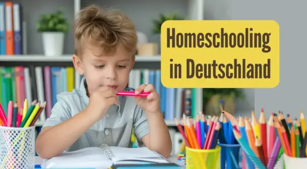Ein Junge lernt zu Hause. Buntstifte und Bücher liegen bereit. Homeschooling in Deutschland ist eine Option für viele Familien.