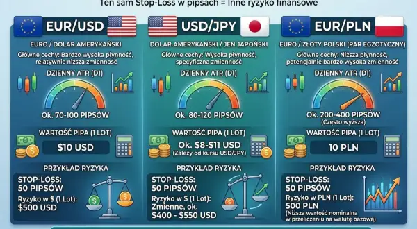 Porównanie zmienności i ryzyka na rynku Forex. Ten sam Stop-Loss w pipsach = inne ryzyko finansowe. EUR/USD, USD/JPY, EUR/PLN.