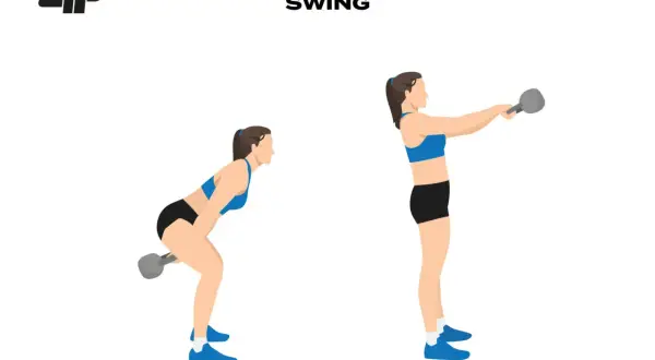 Kobieta wykonuje ćwiczenie swing z kettlebell. Dwie fazy ruchu pokazują, jak osiągnąć świetne ćwiczenia z kettlebell efekty.