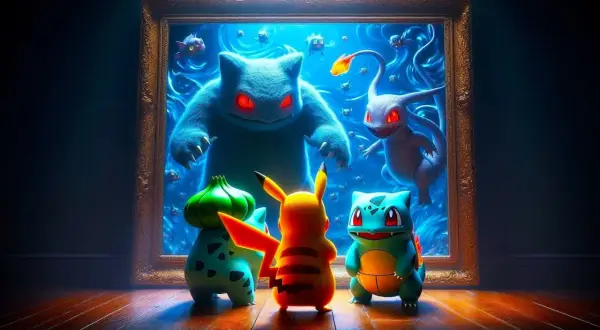 Pikachu, Bulbasaur i Charmander stoją przed obrazem, na którym widać potężne pokemony ogniste.