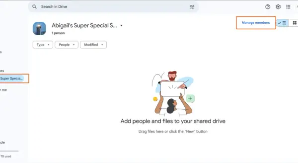Google Drive interface showing "Abigail's Super Special S..." shared drive. Click "Manage members" to learn how to add to a shared Google Drive.
