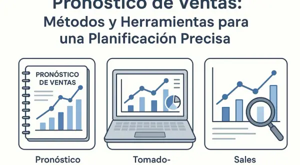 Ilustración de un pronóstico de ventas con gráficos y datos. Muestra métodos y herramientas para una planificación precisa.