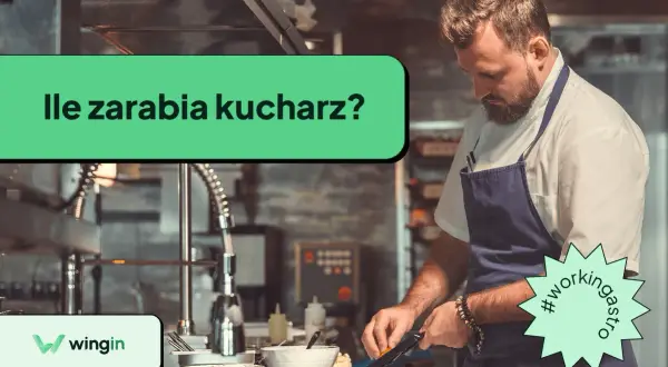 Kucharz w fartuchu kroi warzywa na desce. Nad nim zielony napis: "Ile zarabia kucharz?".