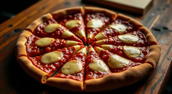 Pokrojona pizza z sosem pomidorowym i serem na drewnianym stole.