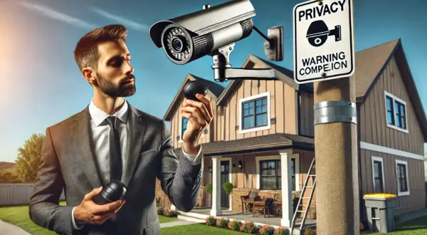 Un homme en costume examine une caméra de surveillance devant une maison. Le panneau "PRIVACY" et la jurisprudence sur la vidéosurveillance en copropriété soulignent les enjeux.
