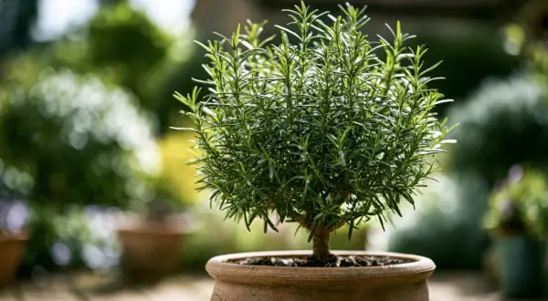 Ein üppiger Rosmarinstrauch im Topf, bereit für die Ernte. So erntest du Rosmarin richtig für maximales Aroma.
