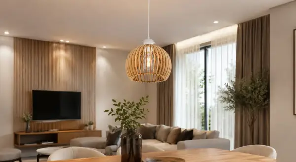 Drewniana lampa sufitowa w kształcie kuli, przypominająca drzewo, oświetla jadalnię.
